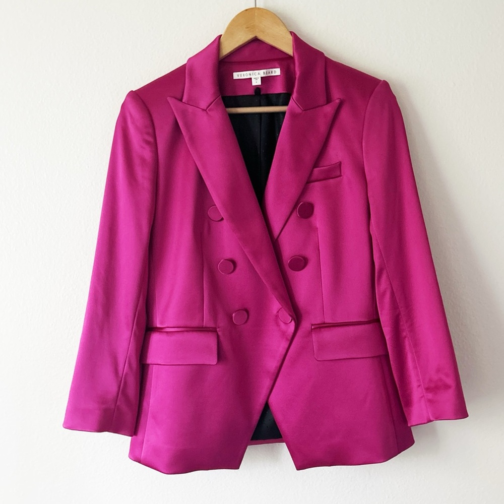 Veronica Beard Empire Dickey Satin Blazer in Fuchsia Pink - Picture 4 of 12